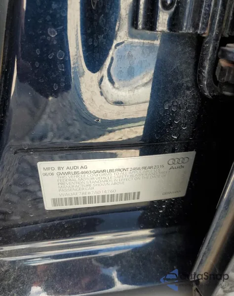 2007 Audi A4 2 из США, поврежденный, VIN WAUAF78E87A014760